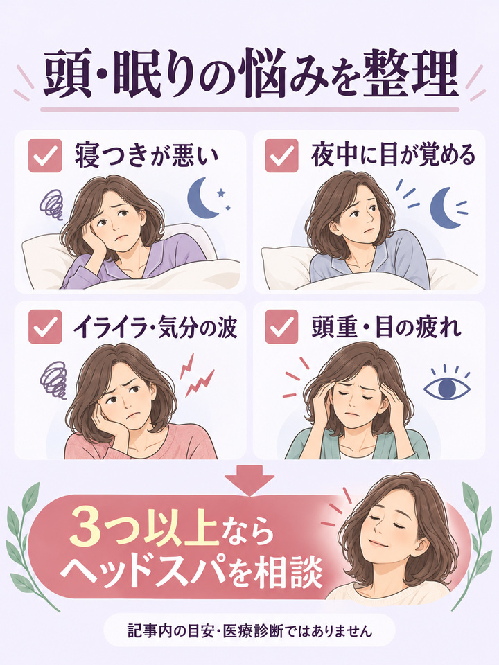 眠りや頭の悩みを相談するための4項目のチェック例であり医療診断ではないことを示す図
