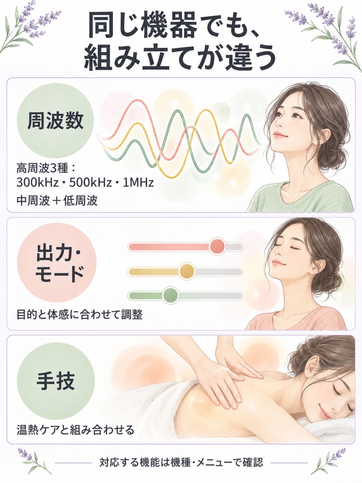 同じ機器でも周波数・出力・モード・手技の組み合わせが異なることを示す図