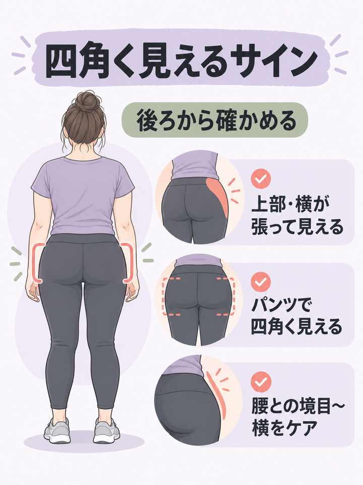 四角く見えるサイン。後ろから確かめる。上部・横が張って見える。パンツで四角く見える。腰との境目〜横をケア