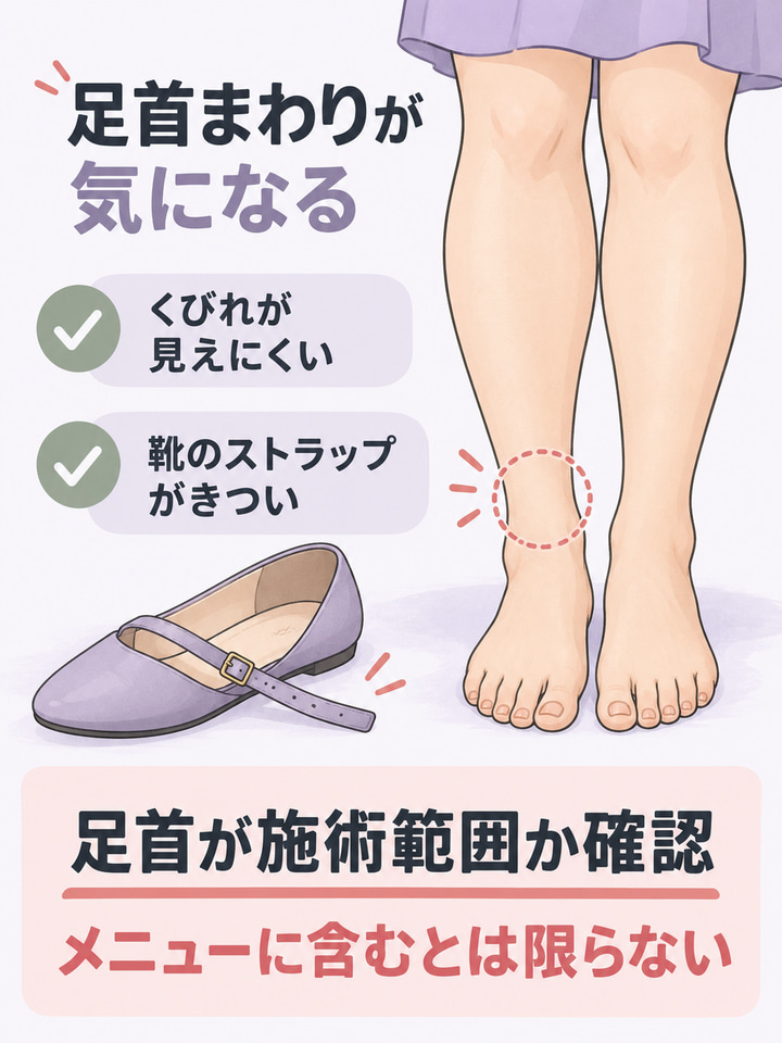 足首まわりが気になる。くびれが見えにくい。靴のストラップがきつい。足首が施術範囲か確認。メニューに含むとは限らない