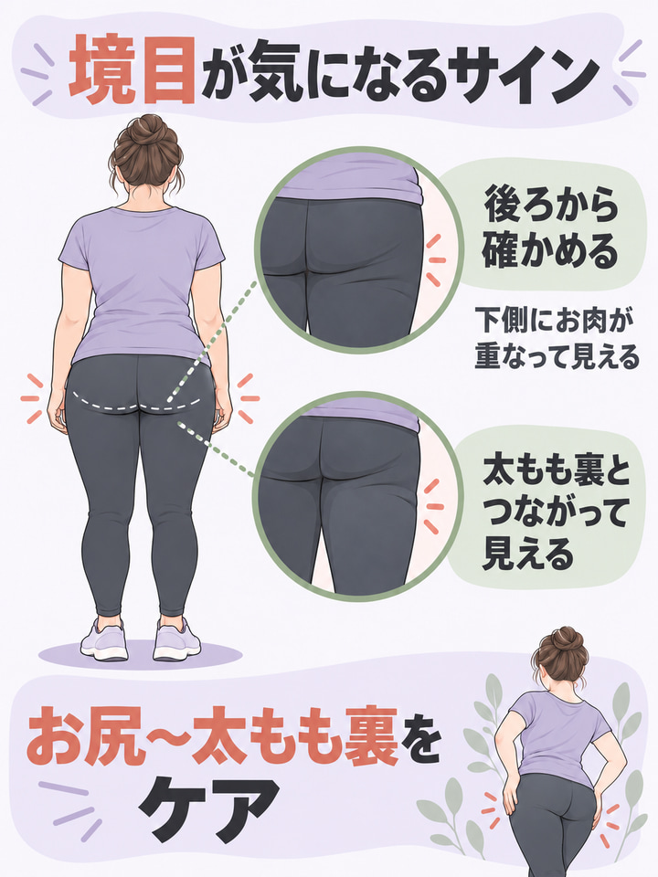 境目が気になるサイン。後ろから確かめる。下側にお肉が重なって見える。太もも裏とつながって見える。お尻〜太もも裏をケア