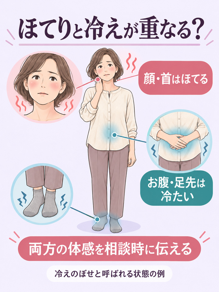顔や首のほてりと、お腹や足先の冷えの両方を相談時に伝える図