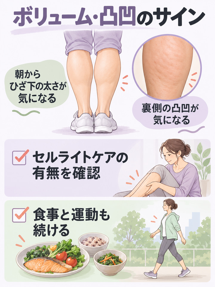 ボリューム・凸凹のサイン。朝からひざ下の太さが気になる。裏側の凸凹が気になる。セルライトケアの有無を確認。食事と運動も続ける
