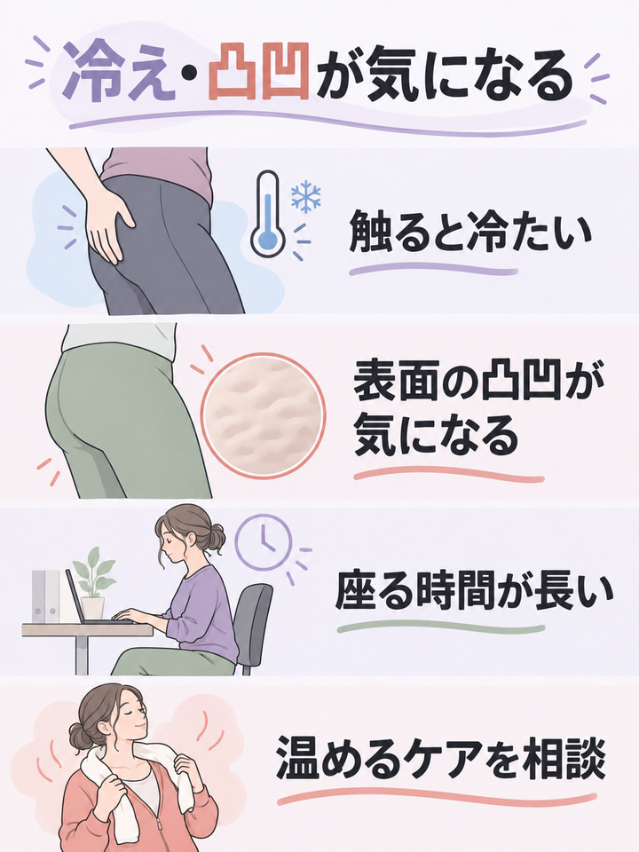 冷え・凸凹が気になる。触ると冷たい。表面の凸凹が気になる。座る時間が長い。温めるケアを相談