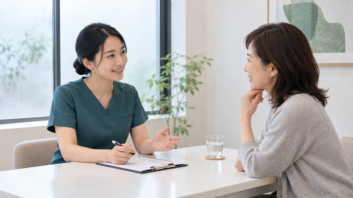 新しい一般サロンの架空の日本人女性セラピストに相談する女性