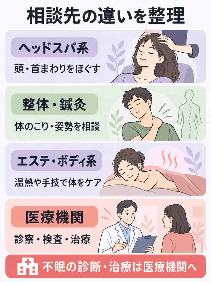 ヘッドスパ・整体・鍼灸・エステの違いを比較表で知る