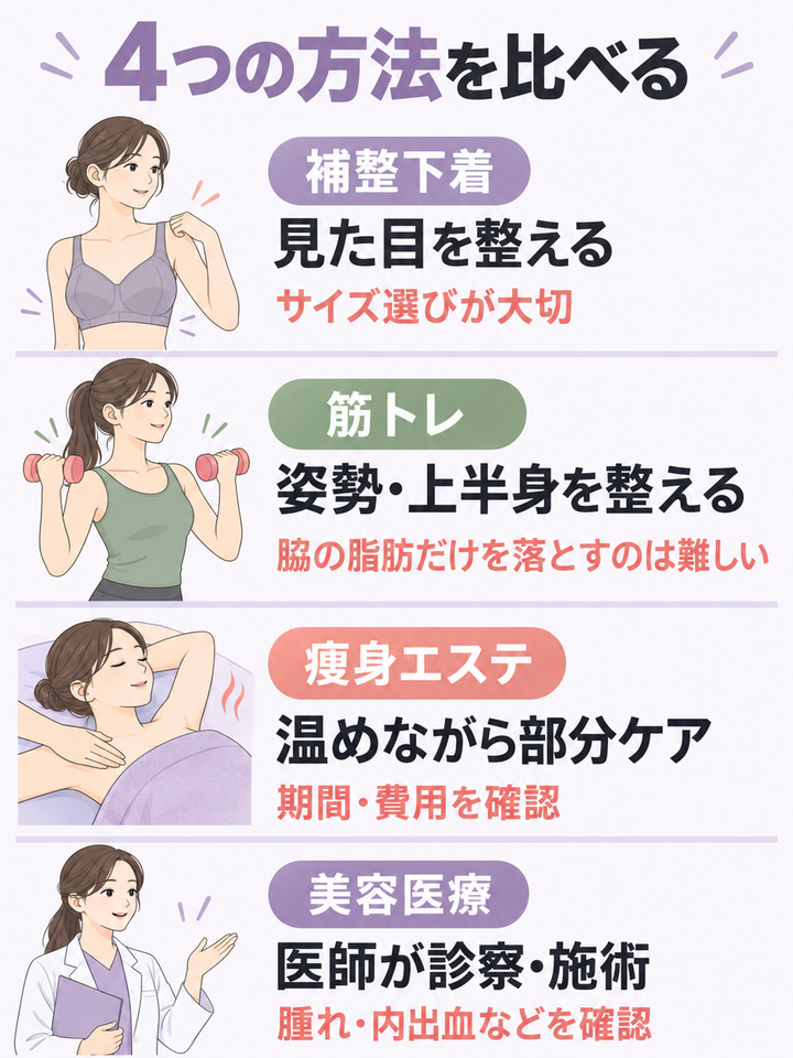 補整下着・ジム・痩身エステ・美容医療の違いを比較表で知る