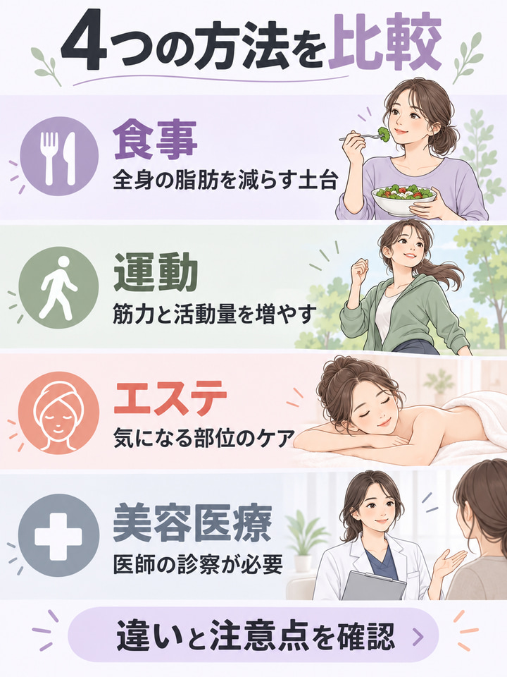 食事・筋トレ・痩身エステ・美容医療の違いを比較表で知る
