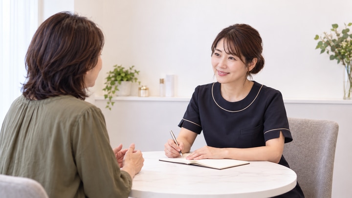 日本人女性の話を聞きながらメモを取る女性セラピストのカウンセリング風景
