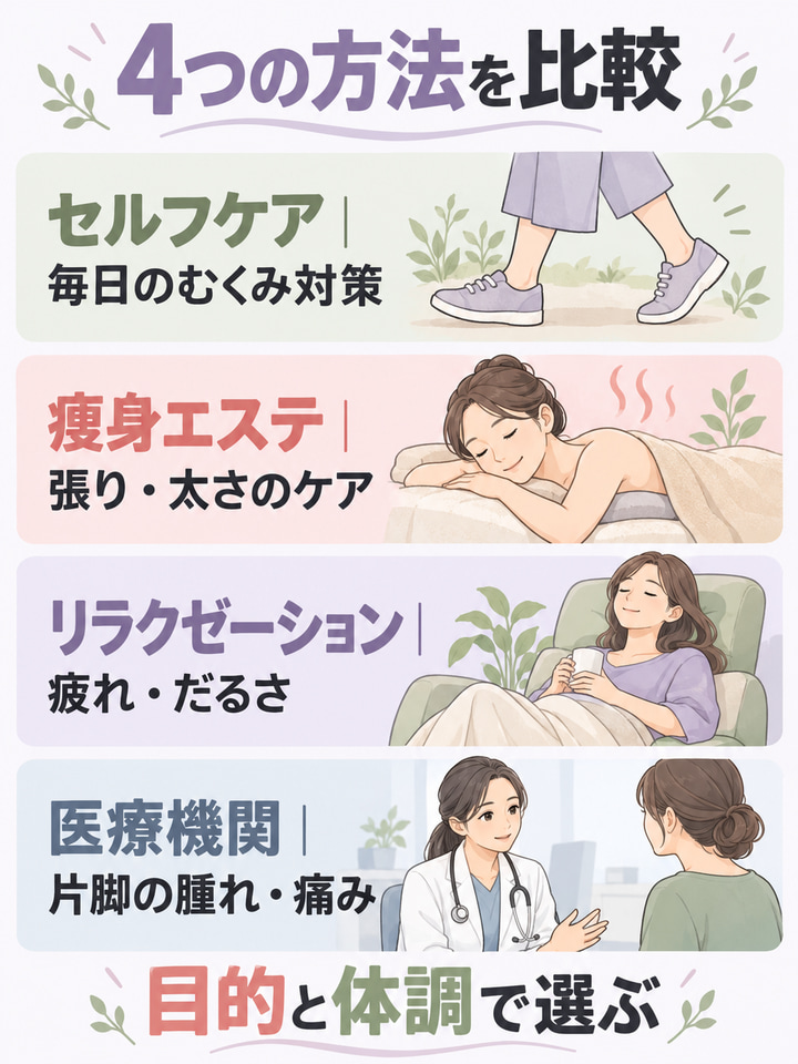 4つの方法を比較。セルフケア｜毎日のむくみ対策。痩身エステ｜張り・太さのケア。リラクゼーション｜疲れ・だるさ。医療機関｜片脚の腫れ・痛み。目的と体調で選ぶ