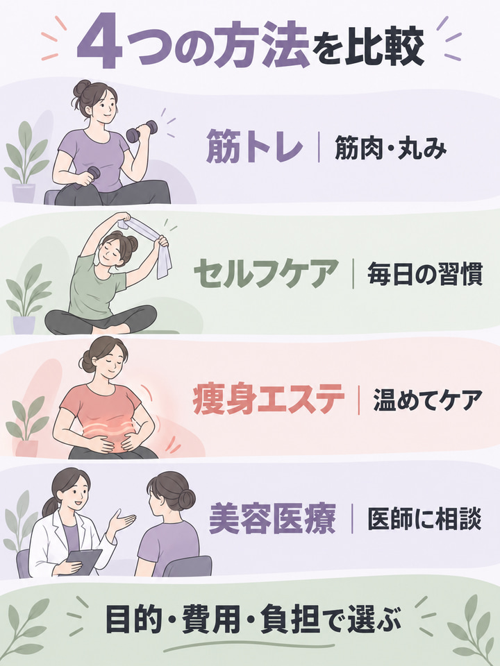 4つの方法を比較。筋トレ｜筋肉・丸み。セルフケア｜毎日の習慣。痩身エステ｜温めてケア。美容医療｜医師に相談。目的・費用・負担で選ぶ