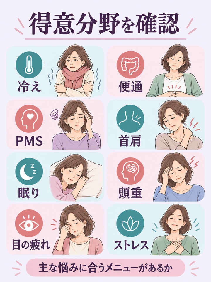 冷え・便通・PMS・首肩・眠り・頭重・目の疲れ・ストレスの得意分野を確認する図