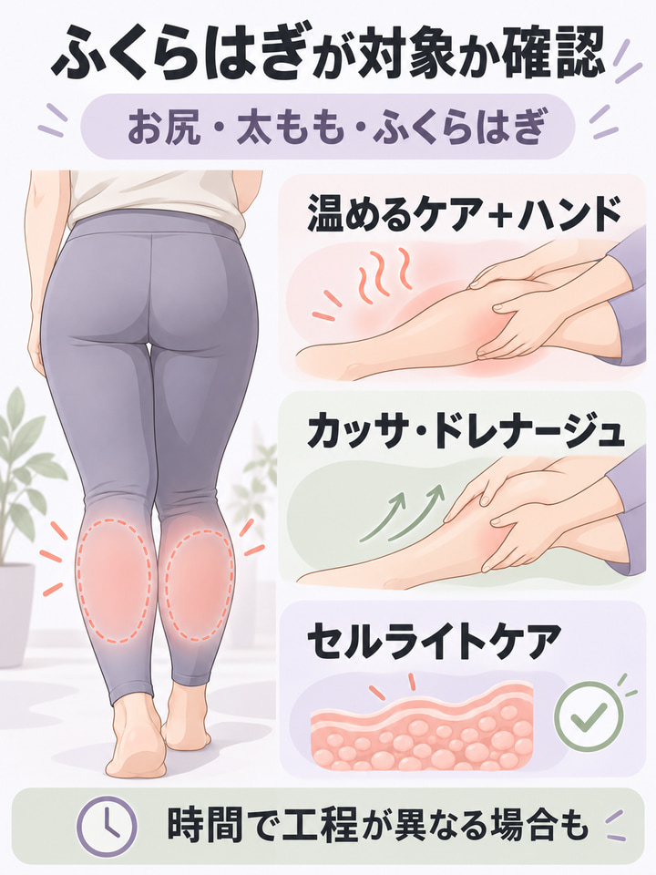 ふくらはぎが対象か確認。お尻・太もも・ふくらはぎ。温めるケア＋ハンド。カッサ・ドレナージュ。セルライトケア。時間で工程が異なる場合も