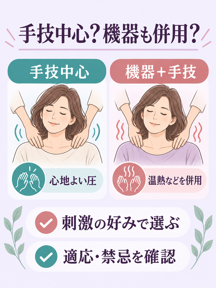 手技中心と機器併用のケアを刺激の好みと適応・禁忌で比較する図