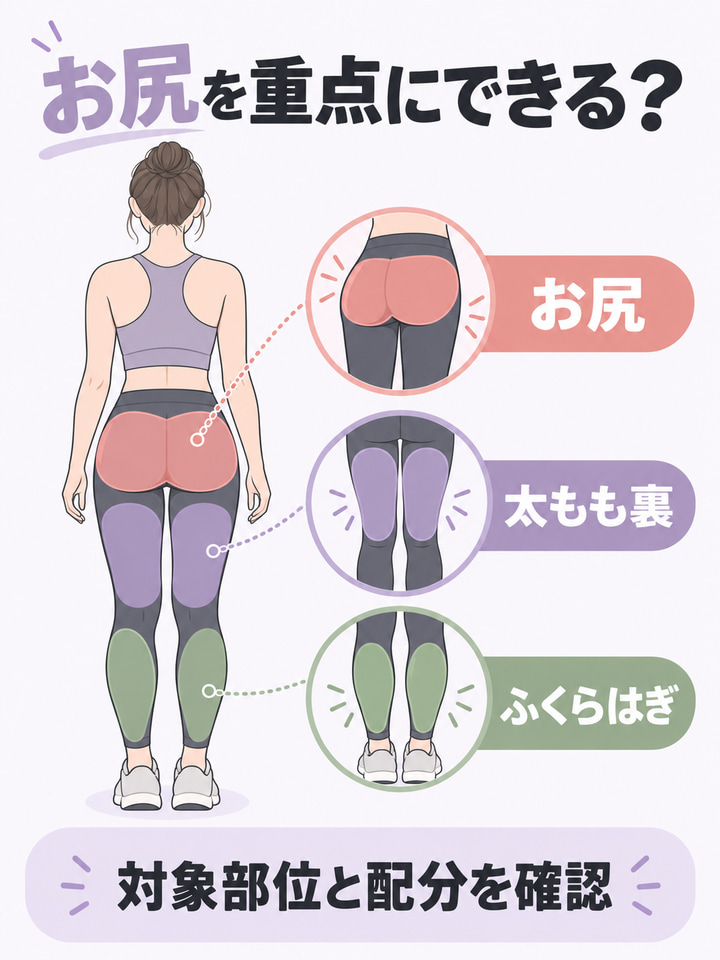 お尻を重点にできる？。お尻。太もも裏。ふくらはぎ。対象部位と配分を確認