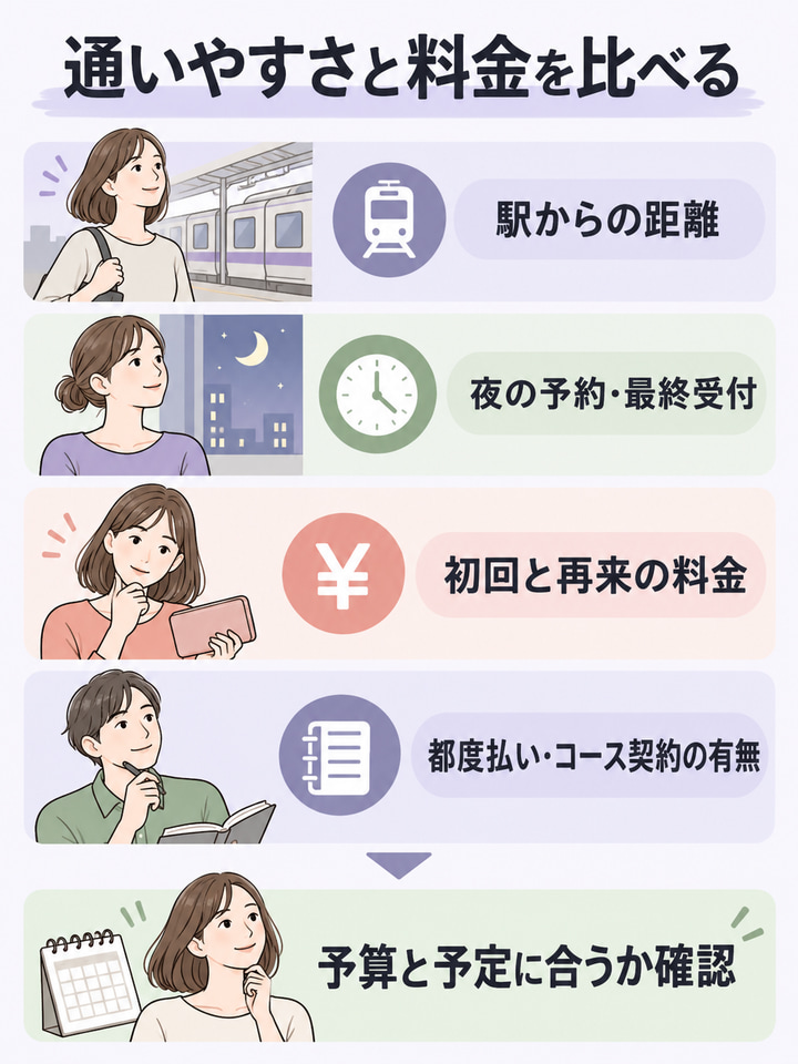 仕事帰りに通える立地と営業時間か、料金が都度払いでわかるか