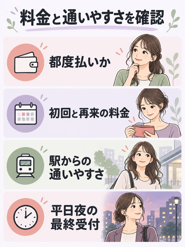 料金がわかり、仕事帰りに通い続けられるか