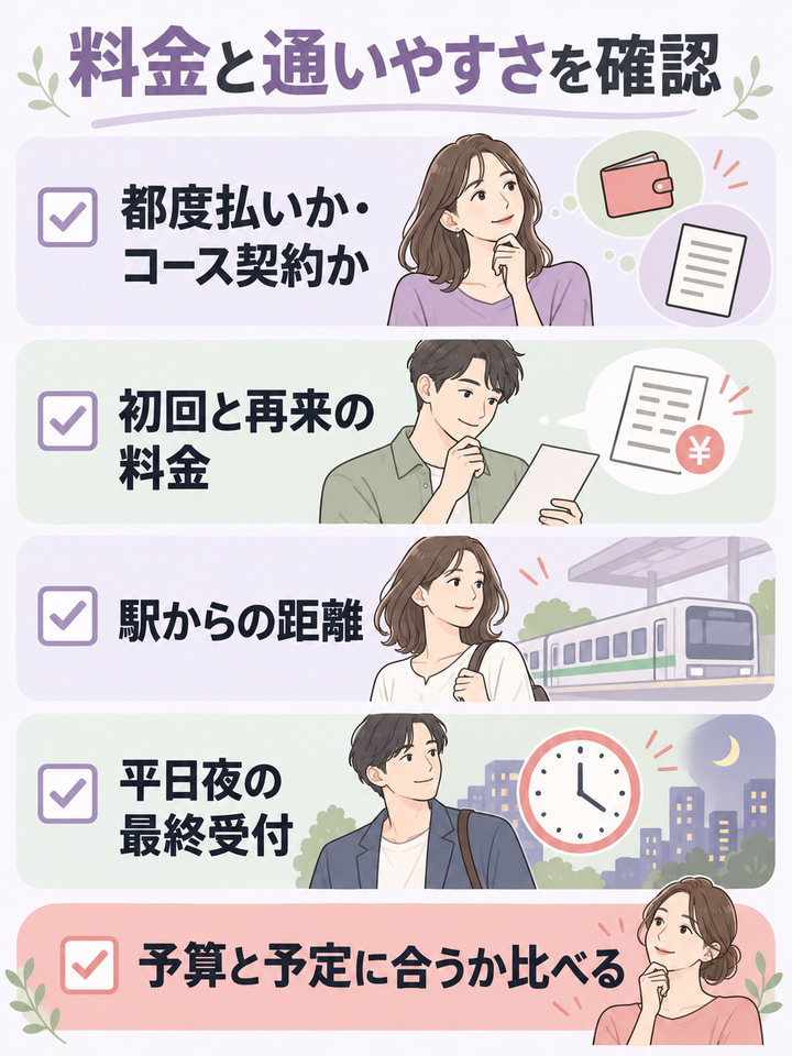 料金がわかり、仕事帰りに通えるか