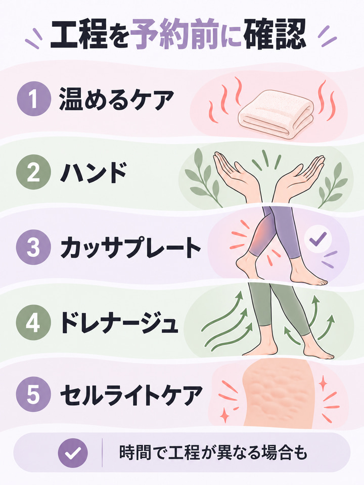工程を予約前に確認。温めるケア。ハンド。カッサプレート。ドレナージュ。セルライトケア。時間で工程が異なる場合も