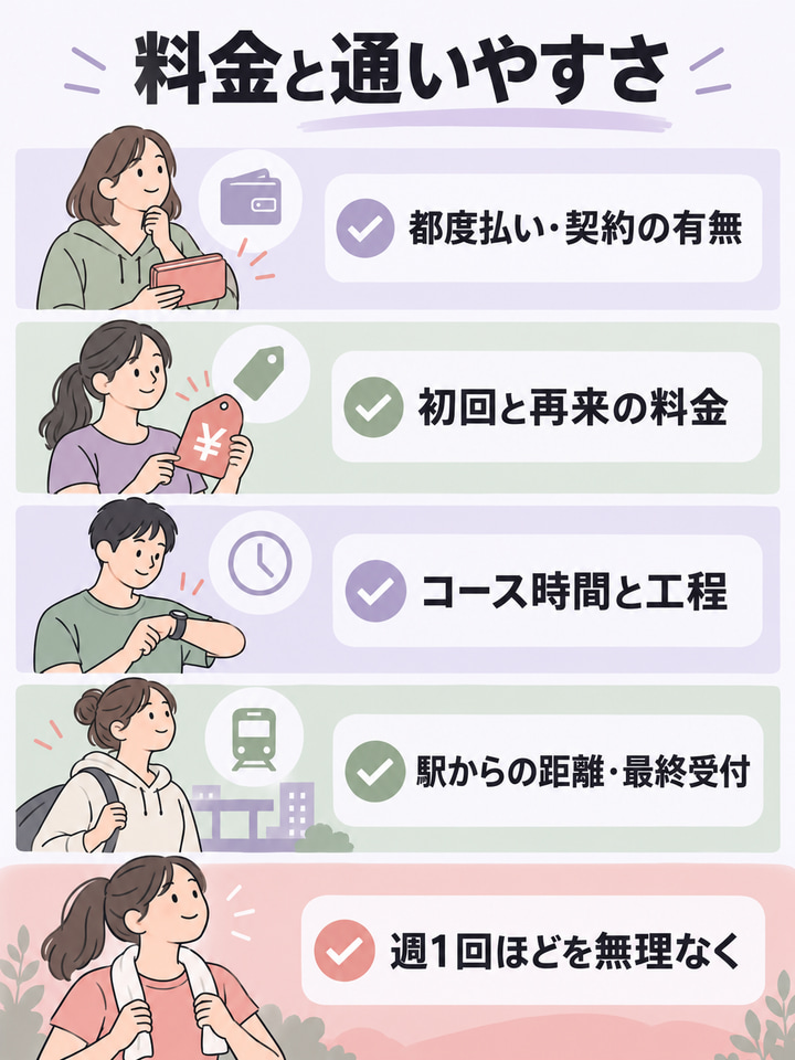 料金と通いやすさ。都度払い・契約の有無。初回と再来の料金。コース時間と工程。駅からの距離・最終受付。週1回ほどを無理なく