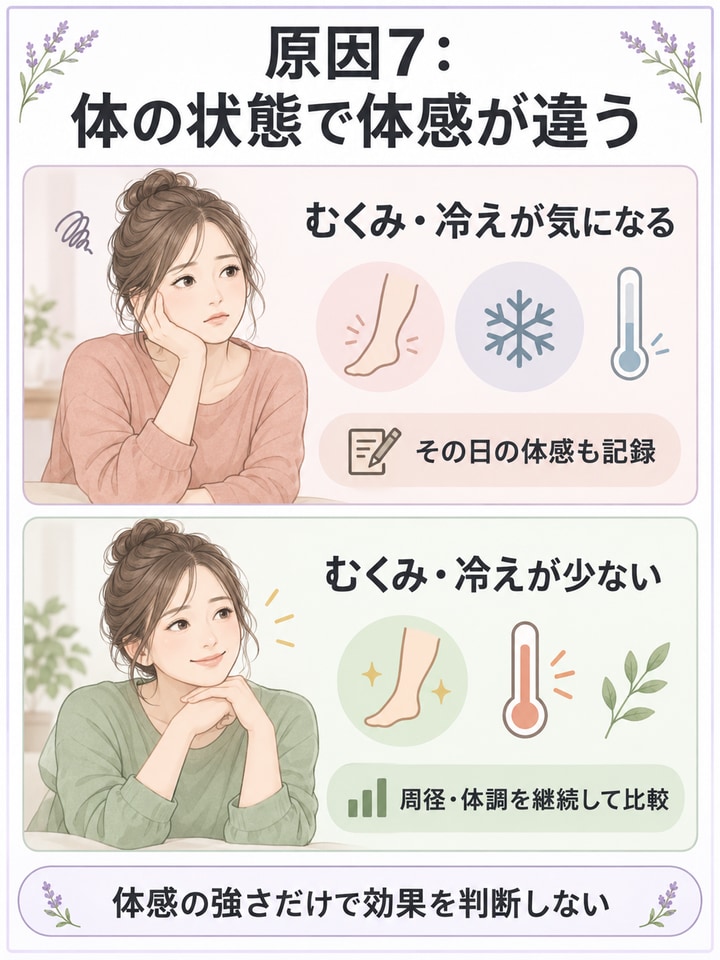 むくみや冷えの有無による体感の違いと、周径や体調を記録して比べる考え方を示す図