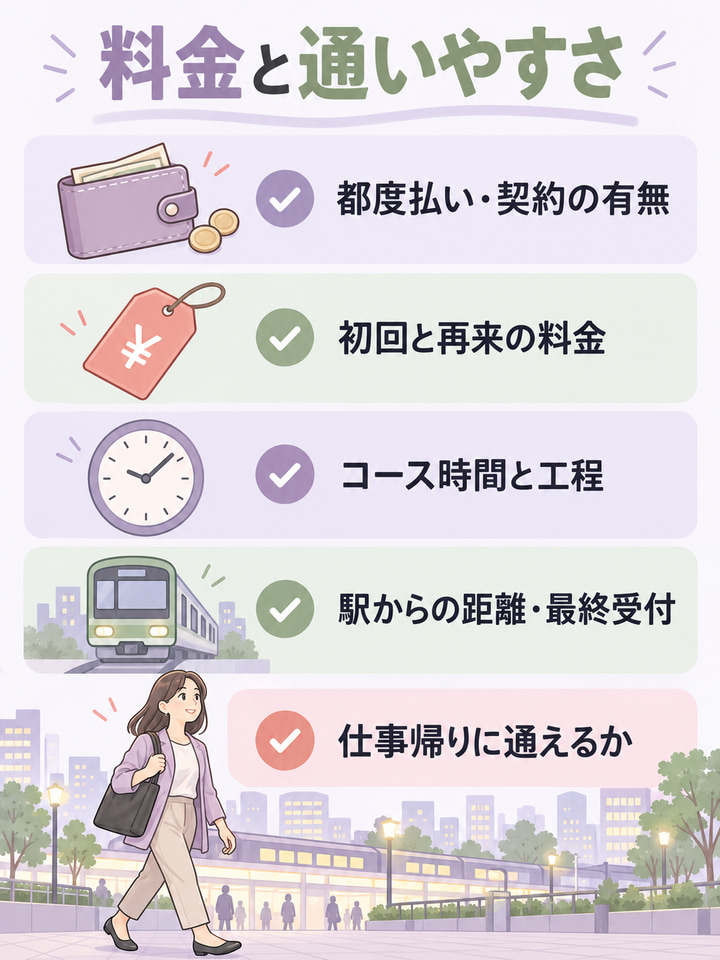 料金と通いやすさ。都度払い・契約の有無。初回と再来の料金。コース時間と工程。駅からの距離・最終受付。仕事帰りに通えるか
