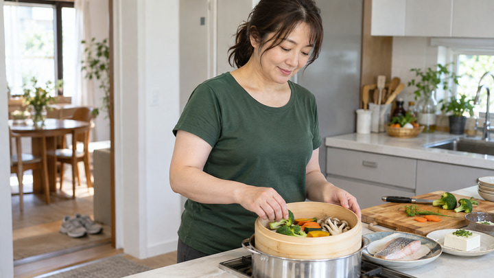 自宅のキッチンで魚や野菜を使った食事を準備する日本人女性
