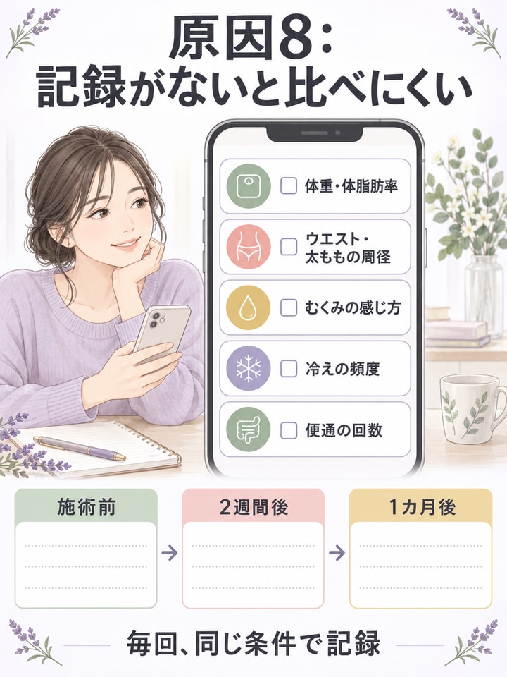 施術前・2週間後・1カ月後に体重・周径・むくみ・冷え・便通を同じ条件で記録する図