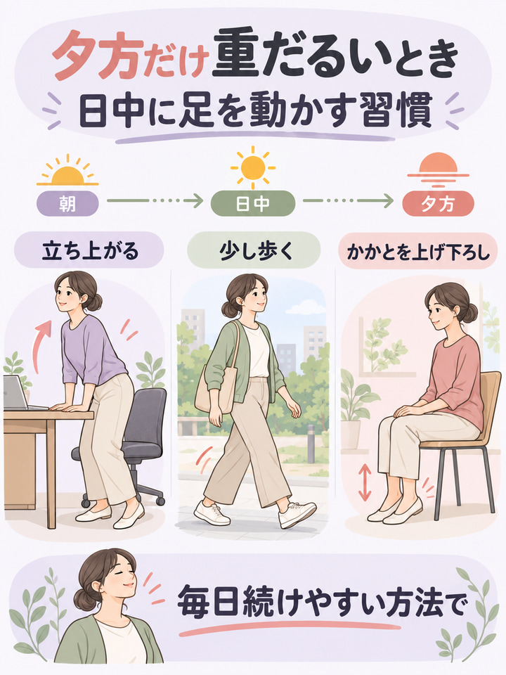 夕方だけ重だるいとき。日中に足を動かす習慣。立ち上がる。少し歩く。かかとを上げ下ろし。毎日続けやすい方法で