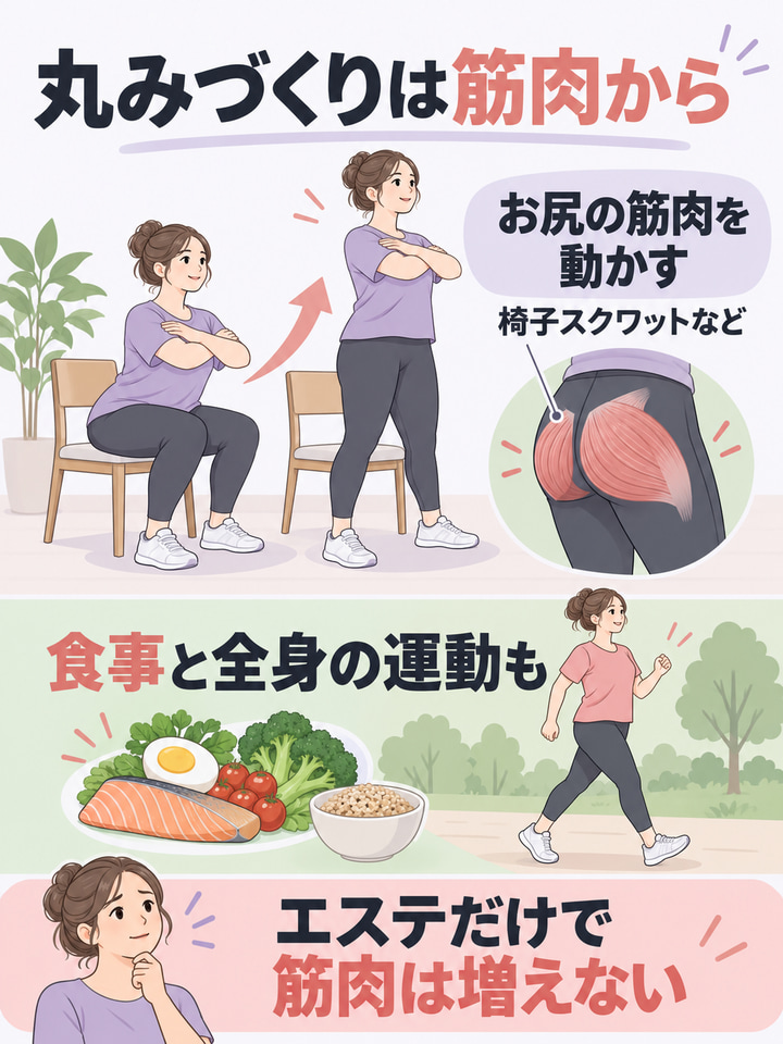 丸みづくりは筋肉から。お尻の筋肉を動かす。椅子スクワットなど。食事と全身の運動も。エステだけで筋肉は増えない