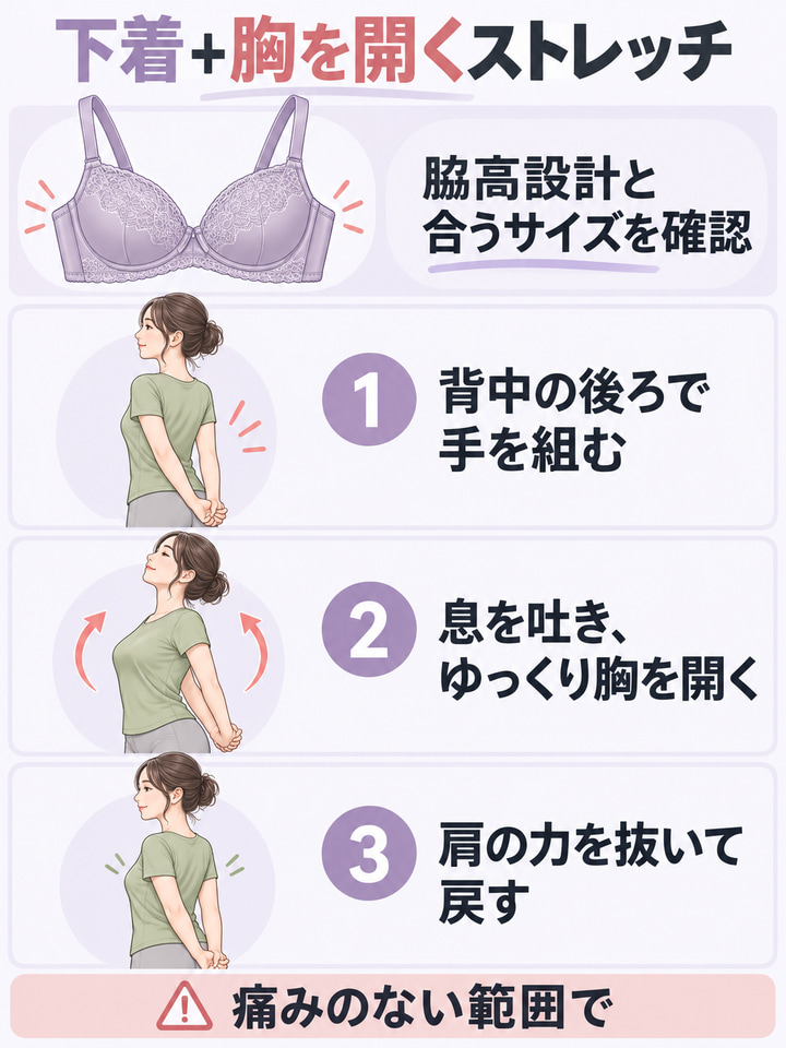 脇高のブラを選び、胸を開くストレッチを取り入れる
