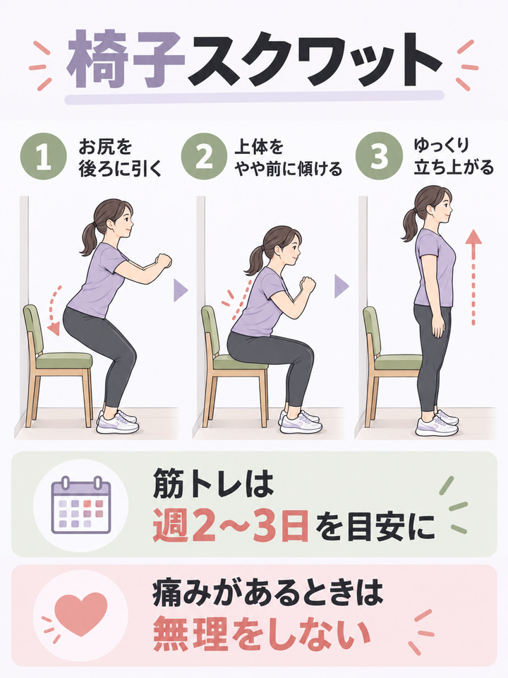 椅子スクワット。1　お尻を後ろに引く。2　上体をやや前に傾ける。3　ゆっくり立ち上がる。筋トレは週2〜3日を目安に。痛みがあるときは無理をしない