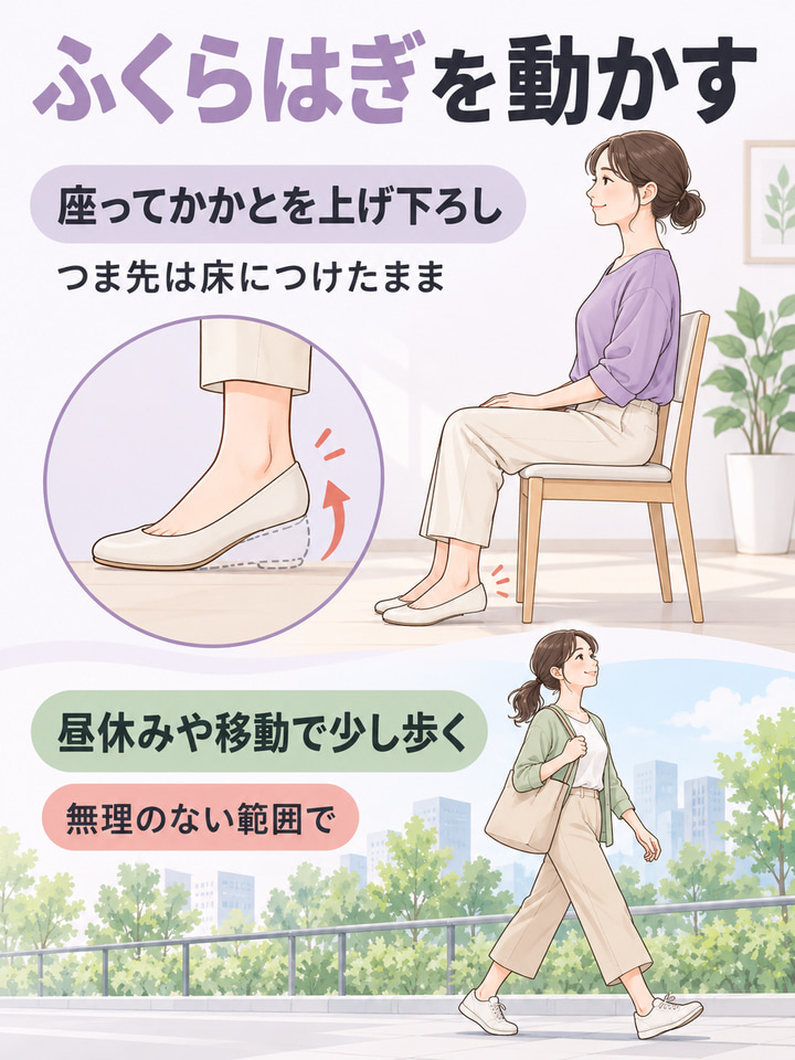 ふくらはぎを動かす。座ってかかとを上げ下ろし。つま先は床につけたまま。昼休みや移動で少し歩く。無理のない範囲で