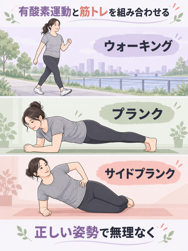 体幹と脇腹を鍛える筋トレを、有酸素運動と組み合わせる