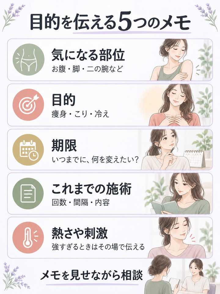 気になる部位・目的・期限・施術歴・熱さや刺激を担当者へ伝える5つのメモ