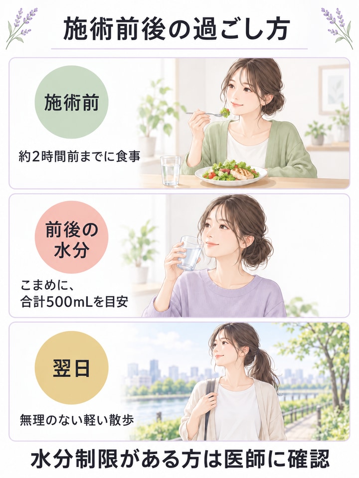 施術前の食事、前後の水分補給、翌日の無理のない散歩を整理した図