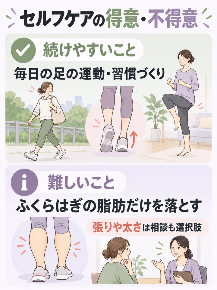 セルフケアの得意・不得意。続けやすいこと。毎日の足の運動・習慣づくり。難しいこと。ふくらはぎの脂肪だけを落とす。張りや太さは相談も選択肢
