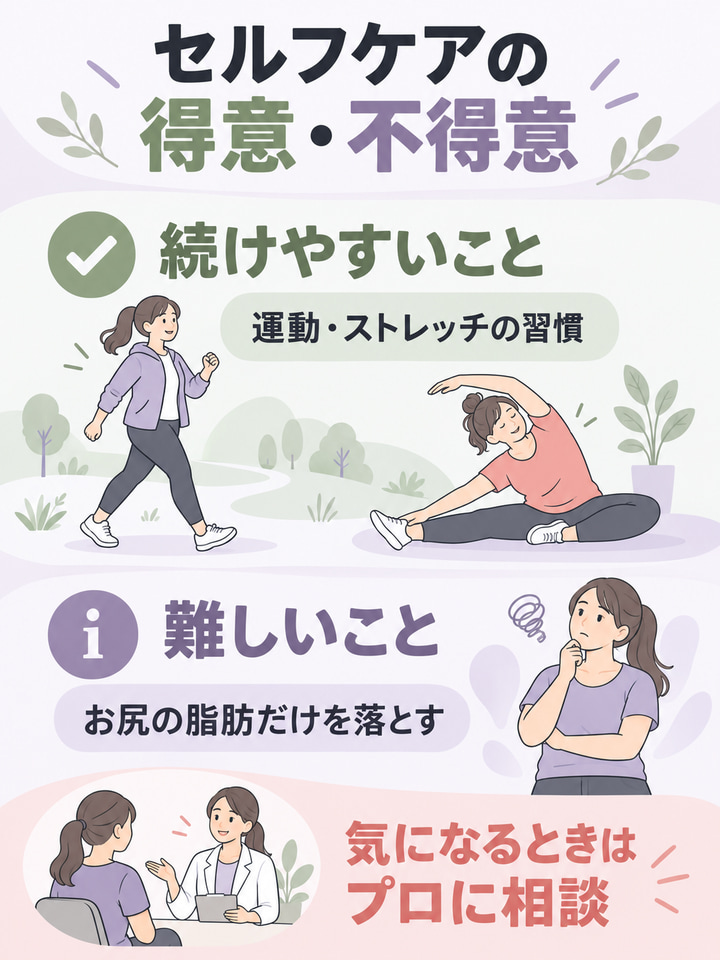 セルフケアの得意・不得意。続けやすいこと。運動・ストレッチの習慣。難しいこと。お尻の脂肪だけを落とす。気になるときはプロに相談