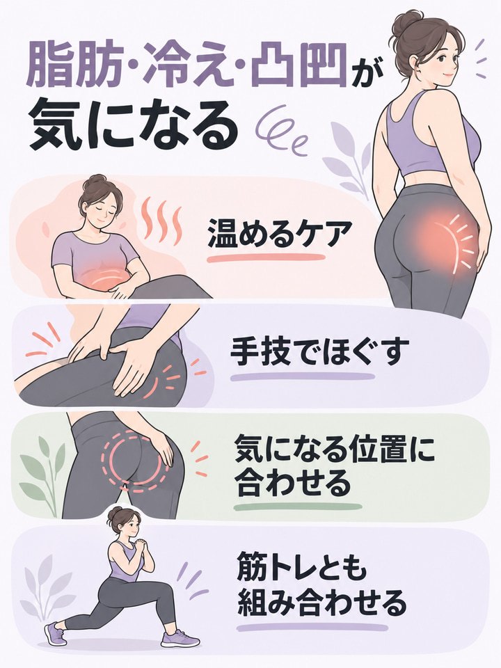 脂肪・冷え・凸凹が気になる。温めるケア。手技でほぐす。気になる位置に合わせる。筋トレとも組み合わせる