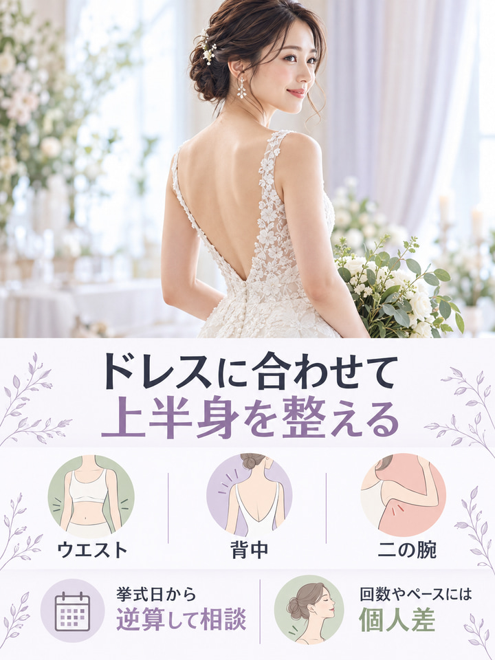 ドレスのウエスト・背中・二の腕に合わせた準備と相談を示す、日本人花嫁の写真入り図解