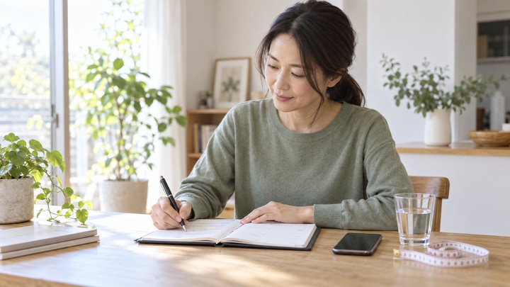 カレンダーとノートを見ながら施術の予定や振り返りを記入する日本人女性