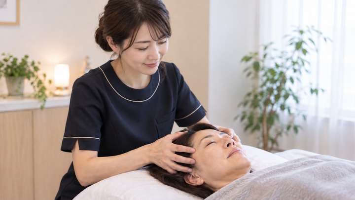 日本人女性の頭を手で支えながらヘッドケアを行う女性セラピスト