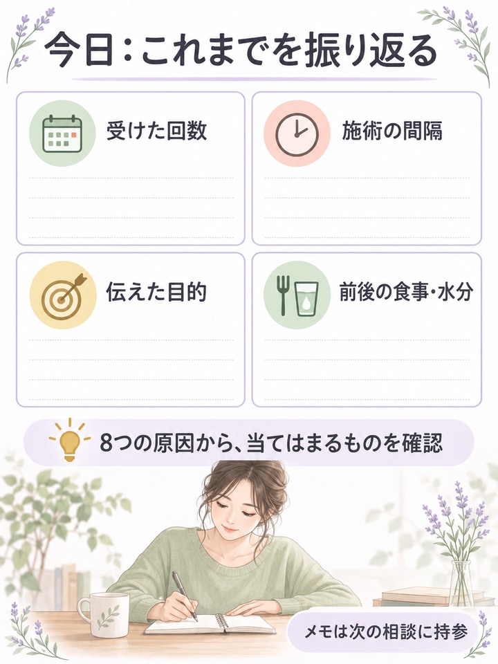 これまでの施術回数・間隔・目的・前後の食事と水分を振り返る記入用シート