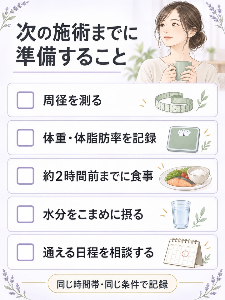 次の施術までに周径・体重・食事・水分・日程を準備するチェックリスト