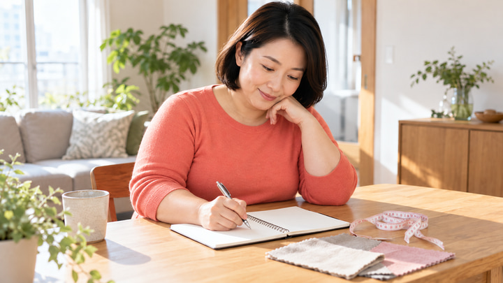 ふくよかな体格の日本人女性がノートにケアの計画を立てる様子