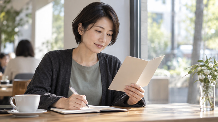 ノートを取りながら施術メニューの候補を検討する日本人女性