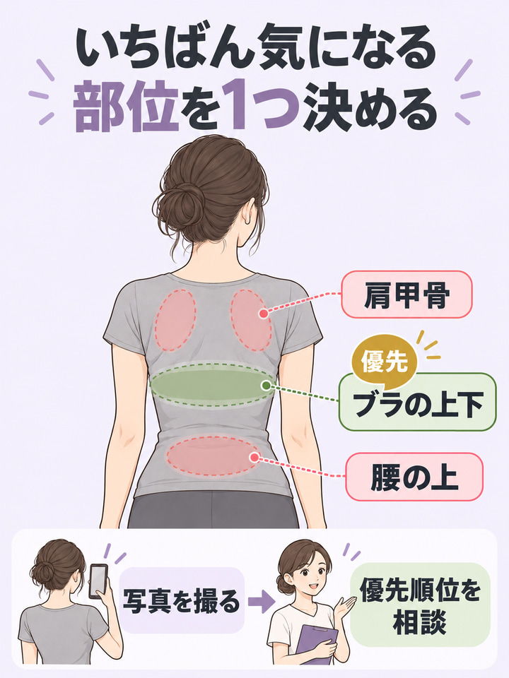 まずは後ろ姿を撮り、いちばん気になる部位を1つに絞る