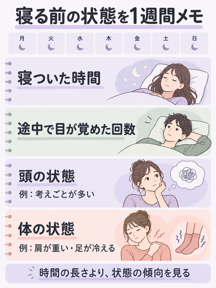 寝る前の状態を1週間メモして、タイプを確かめる