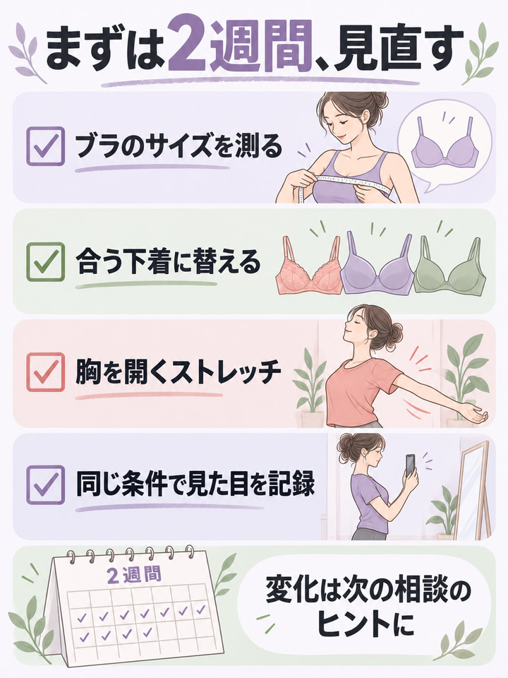 まずは下着を見直し、2週間ほど姿勢を意識してみる