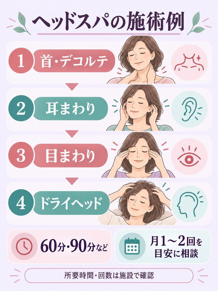 首とデコルテ・耳まわり・目まわり・ドライヘッドの施術例と所要時間・回数の確認図